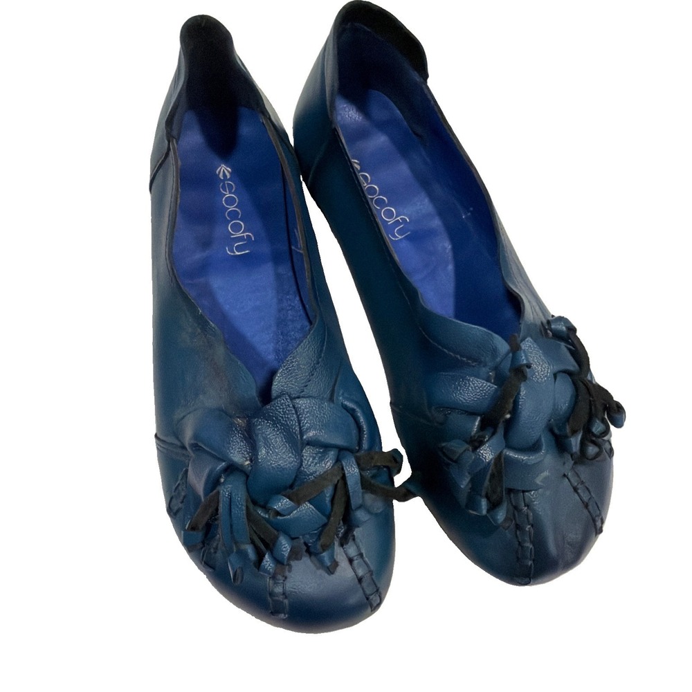 Socofy Handcrafted Blue Leather Flower Womens Slip-On Flat Shoes Size 255